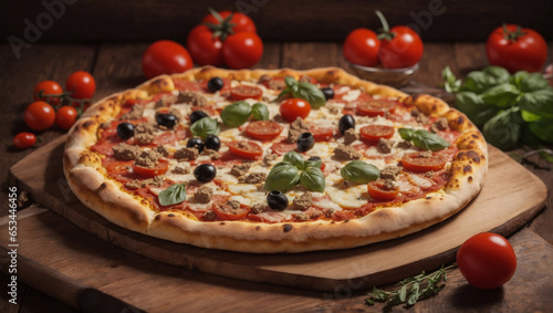 Pizza italiana con pomodoro, mozzarella, pomodorini freschi, tonno e basilico appena uscita dal forno