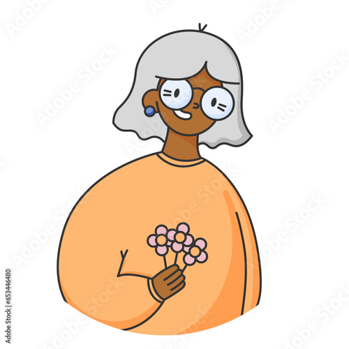 Portrait of a senior elderly woman isolated.Colored flat vector illustration of a gray-haired person.Sticker,print template of retired happy grandma