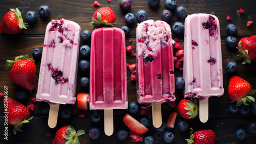 Strawberry and blueberry popsicles on a wooden background.