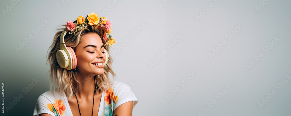 A woman with flower crown and white headphones on light background