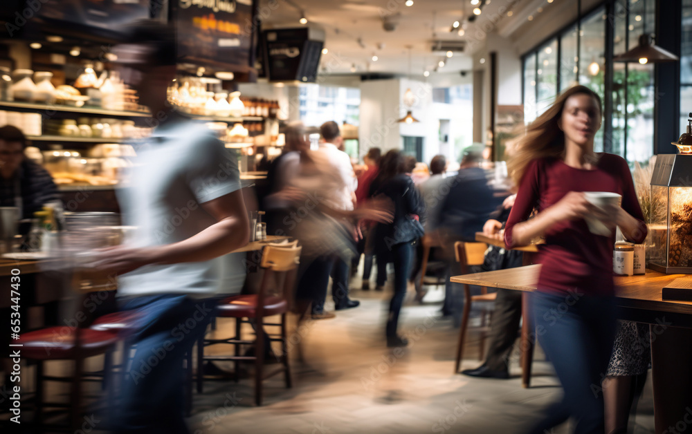 A bustling coffee shop scene with blurred people A bustling coffee shop scene with blurred people