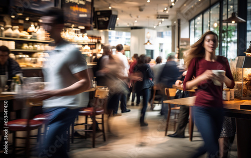 A bustling coffee shop scene with blurred people