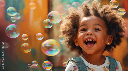 An African American child blowing bubbles and laughing with joy against a colorful background