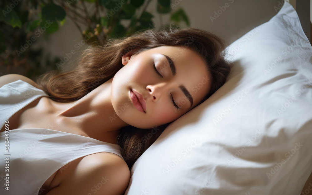A woman is sleeping on white pillow A woman is sleeping on white pillow