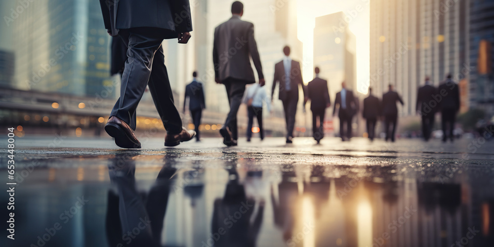 Closeup of group of business persons legs walking on a lope with blurred city building background - obrazy, fototapety, plakaty 