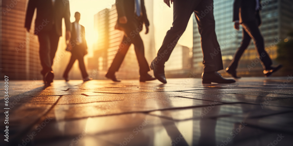Closeup of group of business persons legs walking on a lope with blurred city building background