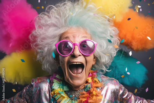 Crazy senior woman having fun doing party during holidays time