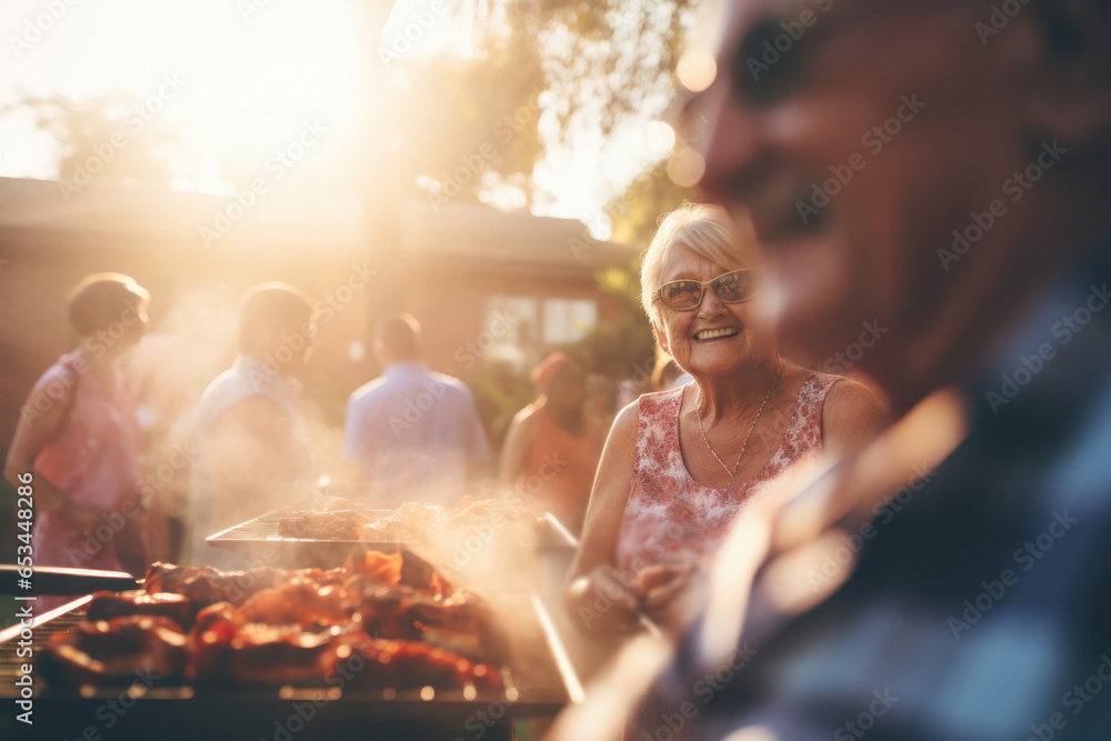 A backyard barbecue among older friends, enjoying and celebrating the flavor of their new retiree status in the company of old companions, the beginning of a new stage. - obrazy, fototapety, plakaty 