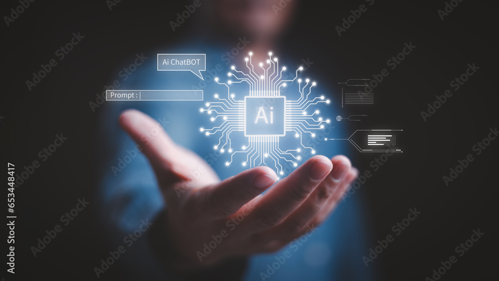 Ai tech, businessman show virtual graphic Global Internet connect Chatbot Chat with Artificial Intelligence. using command prompt for generates something, Futuristic technology transformation. Ai tech, businessman show virtual graphic Global Internet connect Chatbot Chat with Artificial Intelligence. using command prompt for generates something, Futuristic technology transformation.