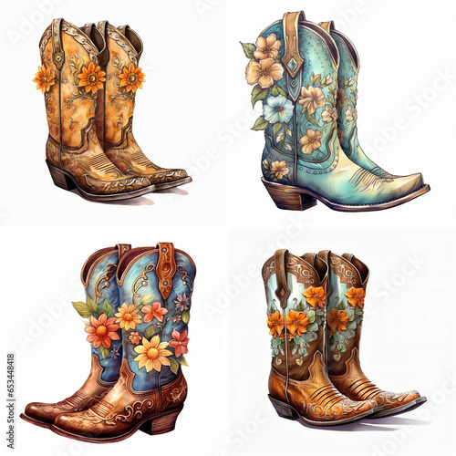 Watercolor cowgirl boots isolated on a white background colorful clipart for crafts art projects kids scrapbooking photo