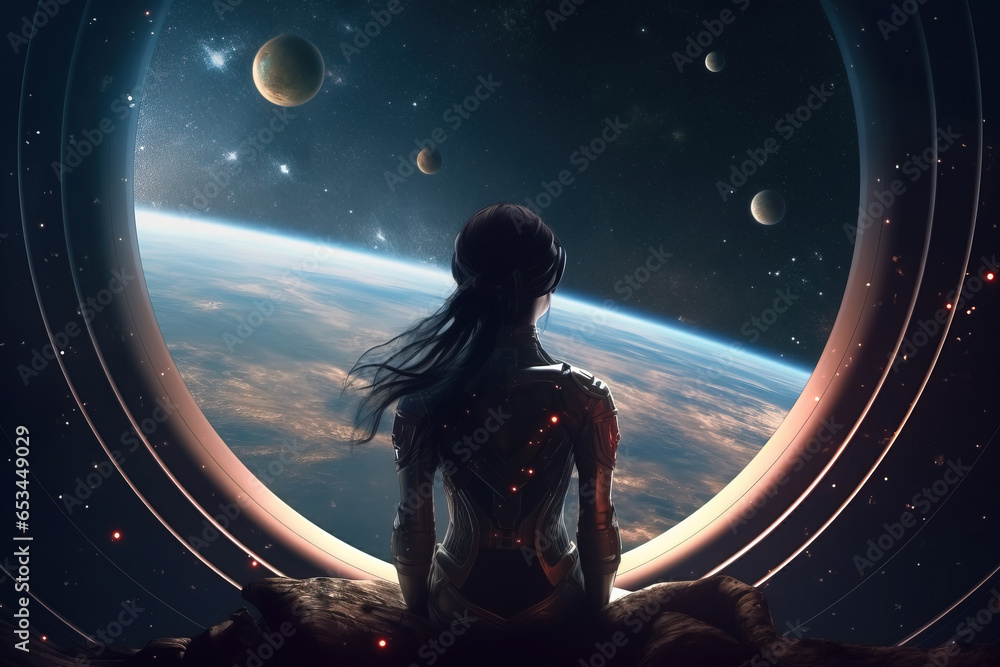 Fototapeta premium girl princess sits on the background of the window, space and stars. 