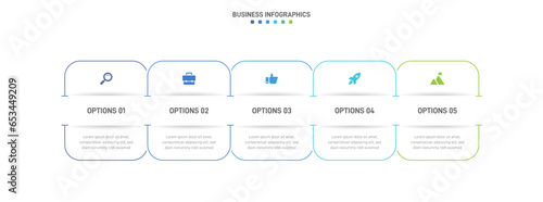 Timeline infographic with infochart. Modern presentation template with 5 spets for business process. Website template on white background for concept modern design. Horizontal layout.