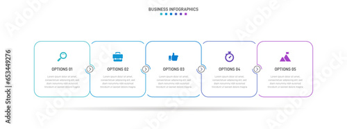 Timeline infographic with infochart. Modern presentation template with 5 spets for business process. Website template on white background for concept modern design. Horizontal layout.