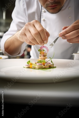A chef garnishing a dish with precision. Generative AI © piai