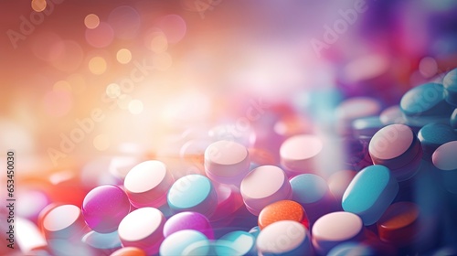 Blurred out close up of medication pills background with lots of bokeh and a bright center spotlight and a subtle vignette border.