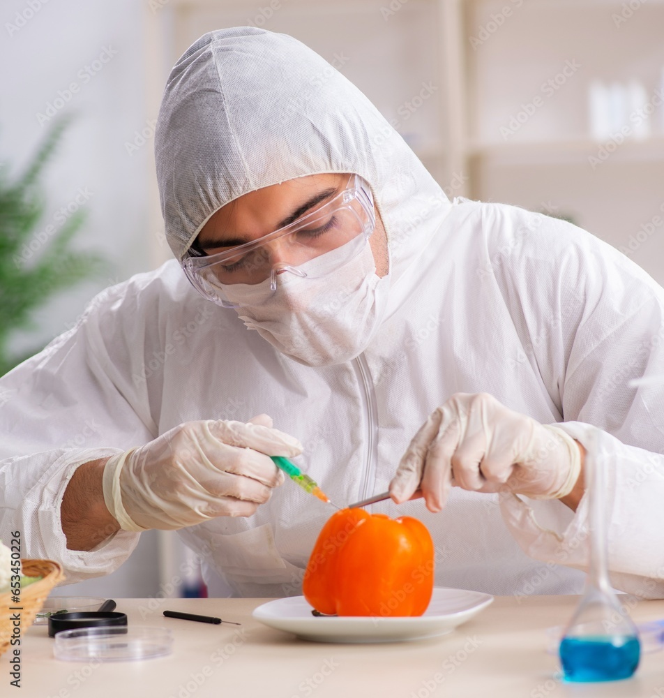 Scientist working in lab on GMO fruits and vegetables