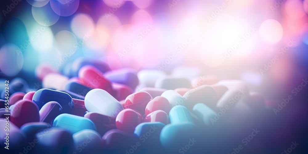Blurred out close up of medication pills background with lots of bokeh and a bright center spotlight and a subtle vignette border. - obrazy, fototapety, plakaty 