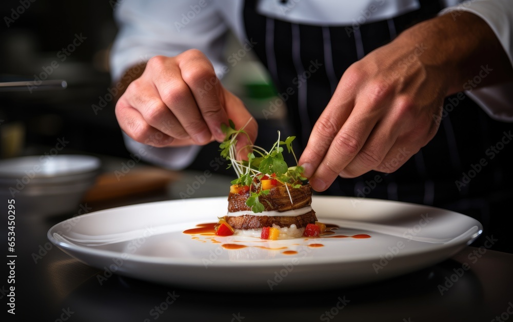 A chef garnishing a dish with precision. Generative AI A chef garnishing a dish with precision. Generative AI