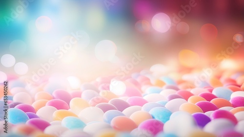 Blurred out close up of medication pills background with lots of bokeh and a bright center spotlight and a subtle vignette border.