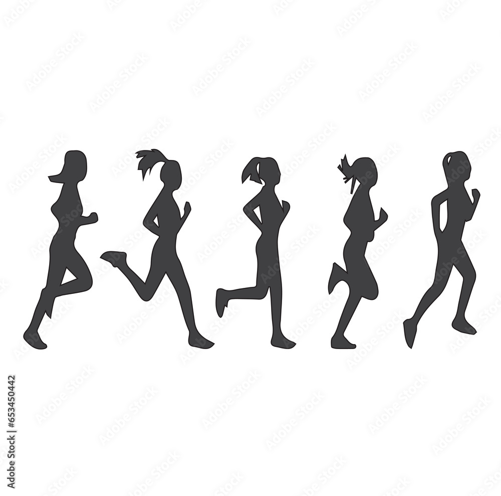 Set of women’s running action silhouettes. Women's Running Race, Isolated Vector. Running woman, abstract vector silhouette. Set of women’s running action silhouettes. Women's Running Race, Isolated Vector. Running woman, abstract vector silhouette.
