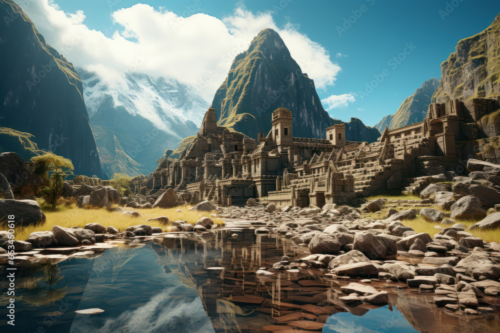 An ancient Inca temple perched high in the Andes, reflecting the architectural ingenuity of the indigenous peoples of South America. Generative Ai. - obrazy, fototapety, plakaty 