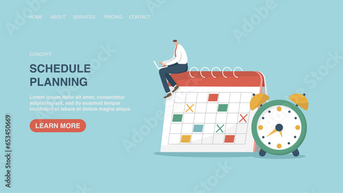 Vector illustration for website, web page with man sitting on calendar. Time management, business planning, organizing and adherence to calendar schedule and work plan, notification and reminder. 