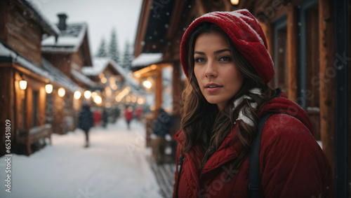 Bellissima donna vestita con un cappotto rosso in visita in un villaggio in Finlandia durante una nevicata