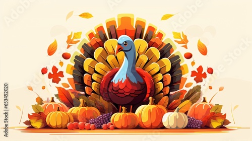 Vector illustration of a happy turkey enjoying a Thanksgiving harvest, featuring the bird surrounded by bountiful fruits and vegetables