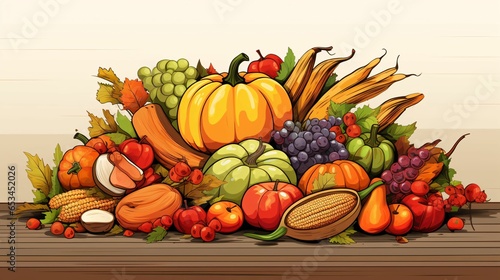 Hand-drawn vector illustration of a cornucopia overflowing with seasonal fruits and vegetables, symbolizing abundance and gratitude for Thanksgiving