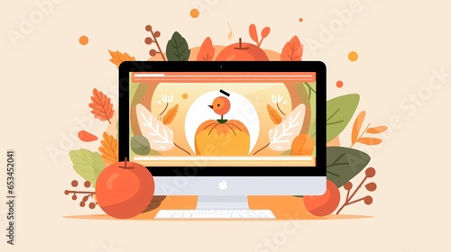 Vector illustration of a happy turkey enjoying a Thanksgiving harvest, featuring the bird surrounded by bountiful fruits and vegetables
