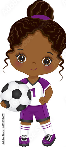 Vector Cute Little African American Girl Playing Soccer