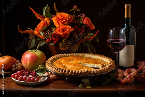 freshly baked pumpkin pie and autumn flowers photo