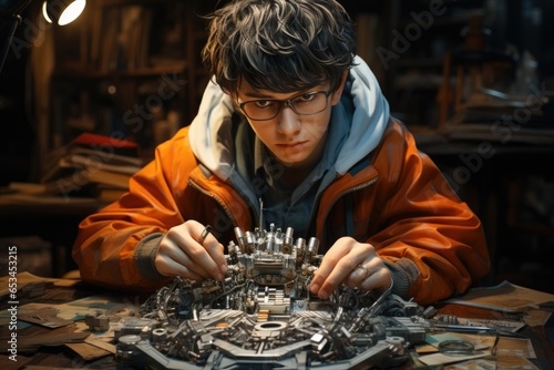 A young man working on a model of a spaceship. Photorealistic AI.