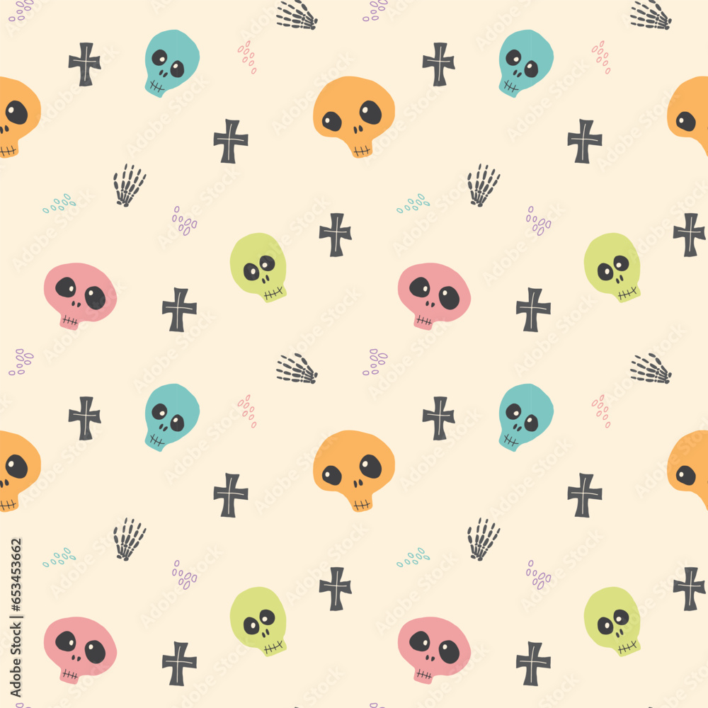 Fototapeta premium Cute Skull Seamless Pattern. Halloween Background vector illustration