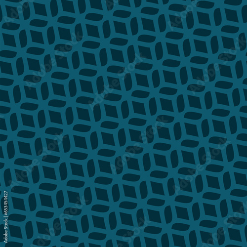 Vector mesh seamless pattern. Abstract minimal background with curved lines, wavy shapes. Subtle texture of diagonal mesh, lace, weaving, net, lattice. Dark teal color ornament. Repeat geo design