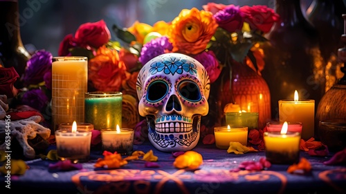 Day of the Dead background, altar with skull, candles and flowers.