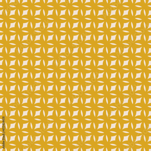Vector geometric seamless pattern in retro vintage style. Abstract texture with curved shapes, diamonds, diagonal grid, mesh. Stylish funky geometrical background. Yellow mustard color. Repeat design