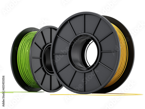 Generic new spools of 3D filaments isolated on transparent background. 3D illustration photo