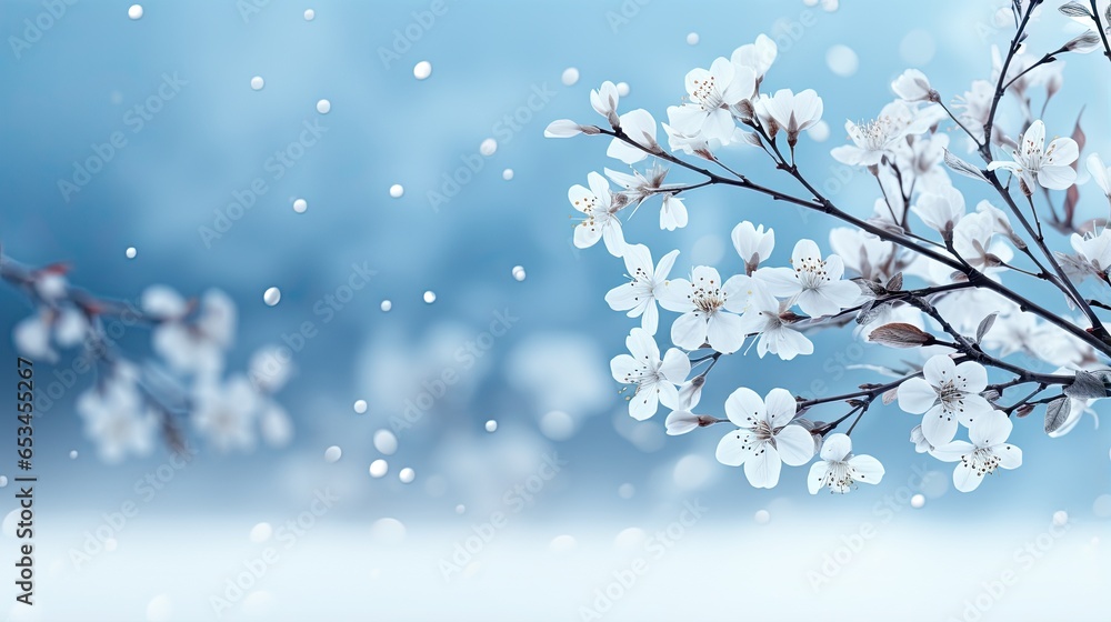 a branch of a tree with white flowers in the snow. generative ai a branch of a tree with white flowers in the snow. generative ai