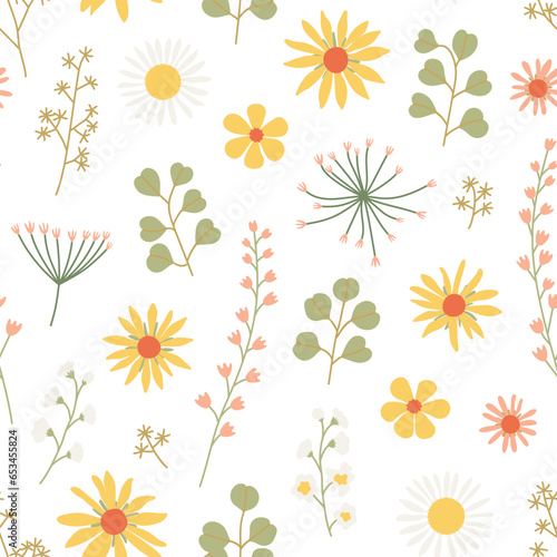 Beautiful vintage floral seamless pattern with wild flowers on white background. Wallpaper print. Vector illustration