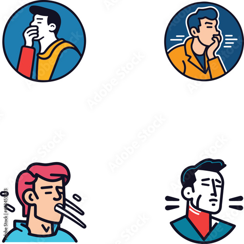coughing person, virus fever, covid, patient flat minimal icons set