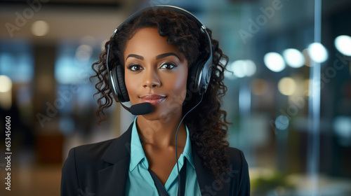 Remote consultant. Confident female client support assistant sit at workplace by laptop wear headset consult caller. Young female call center operator work online answer customer question