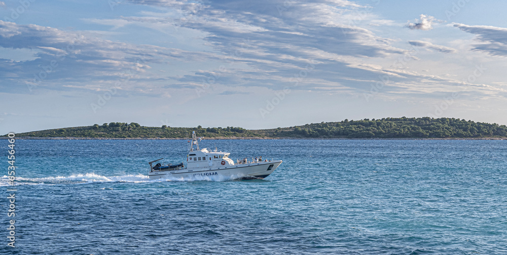 A police marine boat sails on the sea in Croatia.