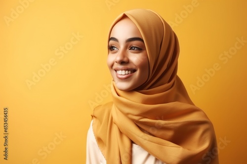 Smiling happy arab asian muslim woman in yellow hijab clothes isolated on yellow background studio portrait. Uae people middle east islam religious concept. generative AI