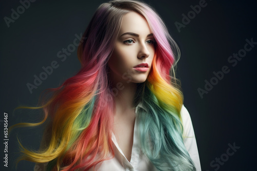 Beautiful woman with colorful hair and makeup. Beautiful face.GENERATION Ai