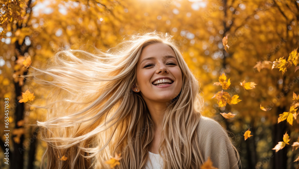Portrait of a beautiful happy girl with long hair on a background of autumn leaves Portrait of a beautiful happy girl with long hair on a background of autumn leaves