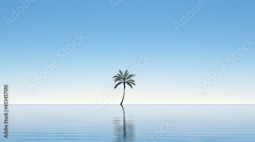  a lone palm tree in the middle of a calm ocean. generative ai