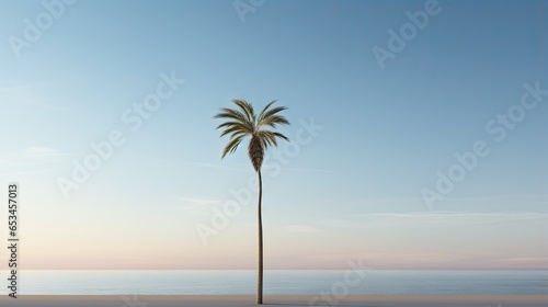  a lone palm tree on a beach with the ocean in the background. generative ai