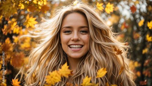 Portrait of a beautiful happy girl with long hair on a background of autumn leaves