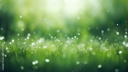 Out of focus green grass with drops of dew background with bokeh and light leak.